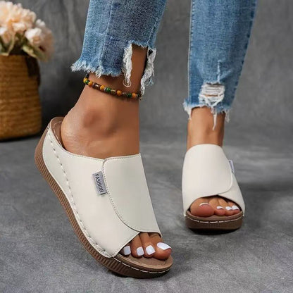 Sandalias de Cuña Plataforma de Mujer – Mules Cuero Marrón Punta Abierta