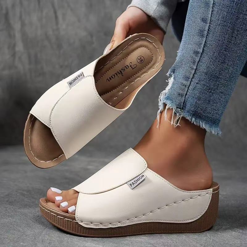 Sandalias de Cuña Plataforma de Mujer – Mules Cuero Marrón Punta Abierta