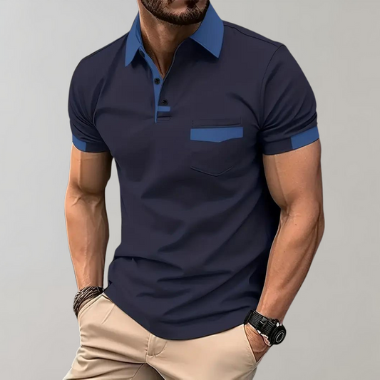 Momount Men Polo Shirt – Two Tone Contrast Collar Pocket Short Sleeve