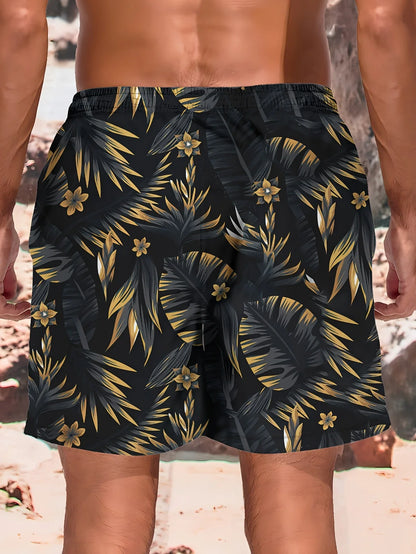 Herrebadeshorts med tropisk print – Sort med guldfarvede palmeblade