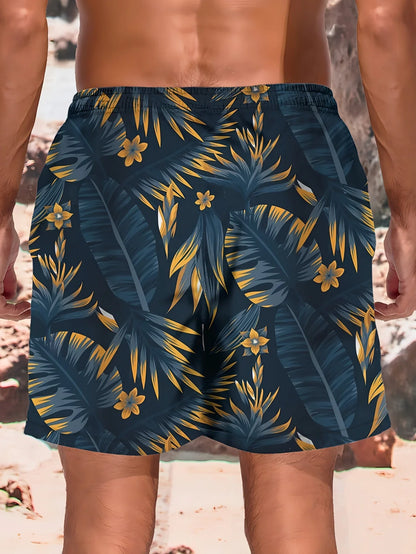 Herrebadeshorts med tropisk print – Sort med guldfarvede palmeblade