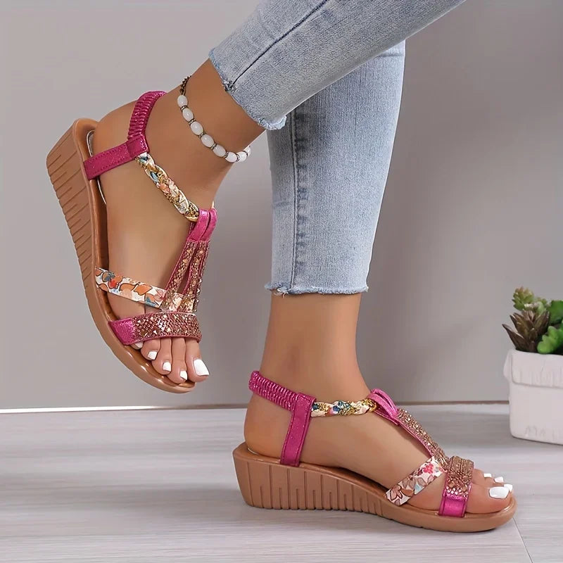 Sandale Wedge Momount Damă – Fuchsia cu Flori, Strasuri, Împletite, Boho