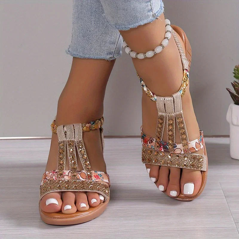 Sandale Wedge Momount Damă – Fuchsia cu Flori, Strasuri, Împletite, Boho