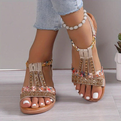 Sandale Wedge Momount Damă – Fuchsia cu Flori, Strasuri, Împletite, Boho