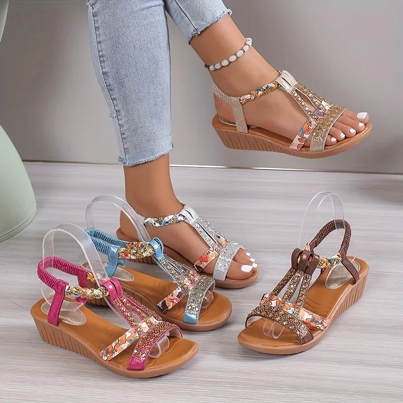 Sandale Wedge Momount Damă – Fuchsia cu Flori, Strasuri, Împletite, Boho