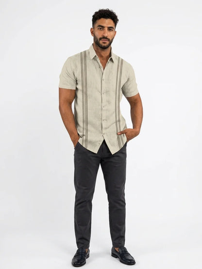 Momount Men Guayabera Linen Shirt – Long Sleeve Embroidered Panels Beach - Beige - front