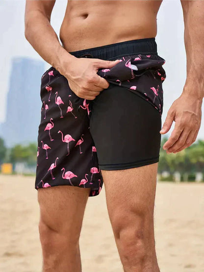Bañadores de Hombre – Bañador Azul Marino con Estampado de Palmeras y Forro de Malla