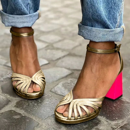 Damesandaler med blokhæl – Metallic-remme til fest og aften