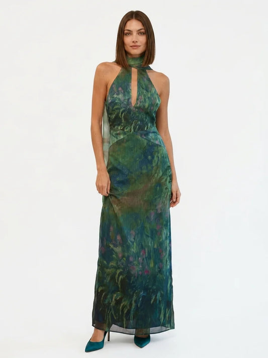 Evangelista | Floral Chiffon Halter Maxi Dress - main - front