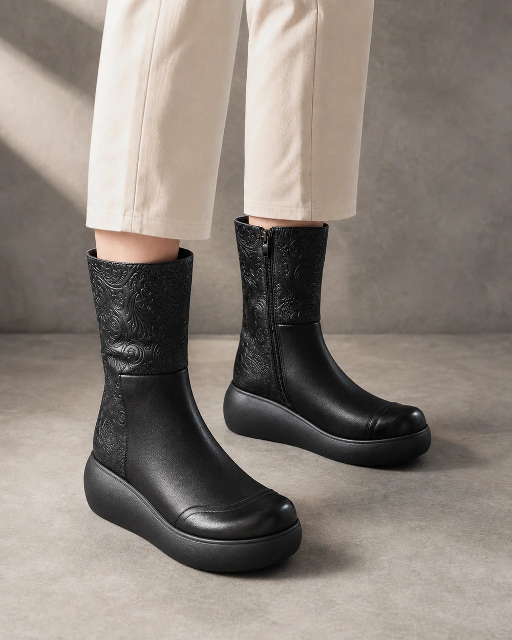 Vintage Embossed Platform Ankle Boots, black hero. — beverly-black-01-hero-worn.webp