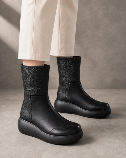 Vintage Embossed Platform Ankle Boots, black lateral profile. — beverly-black-03-lateral-profile.webp