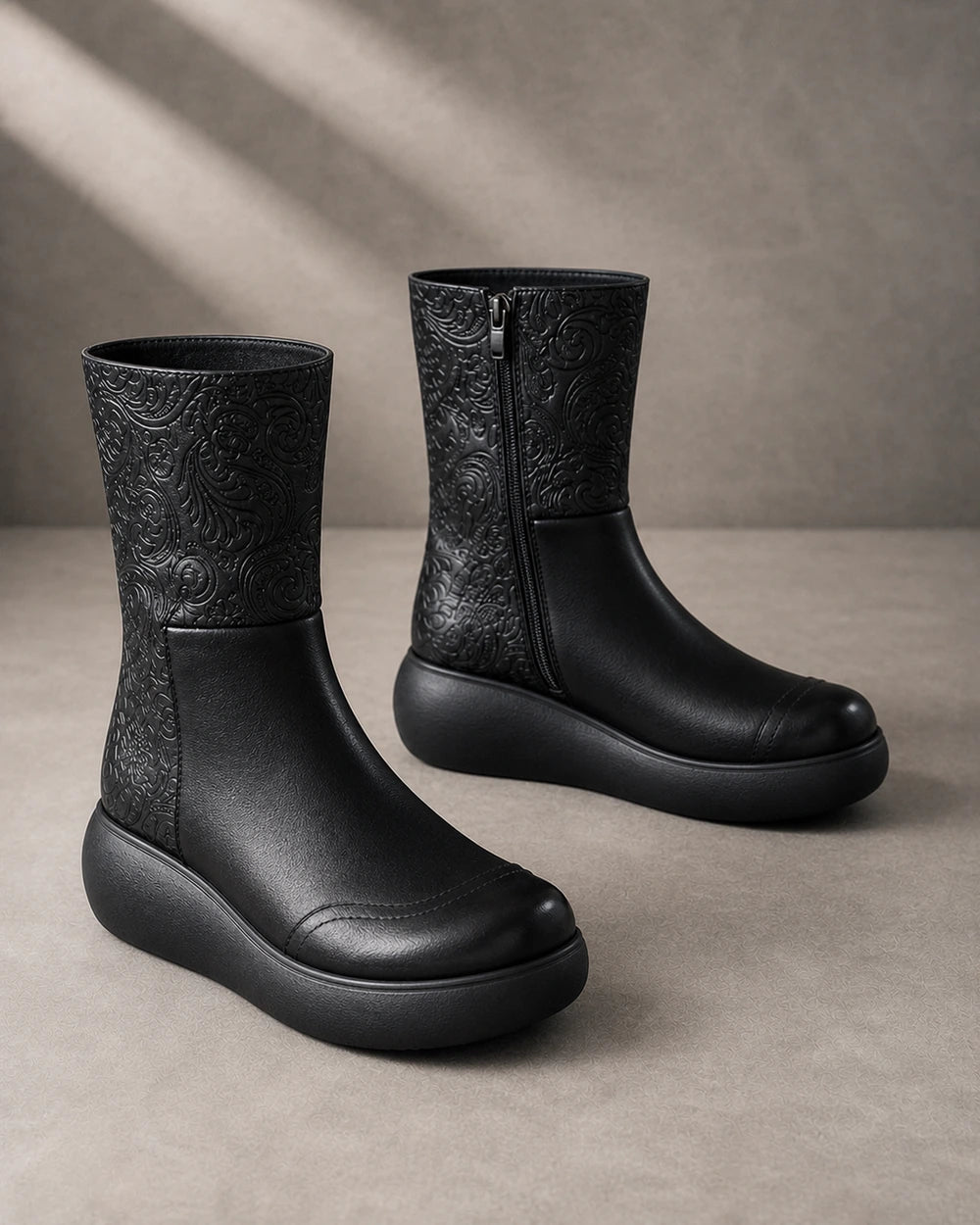 Vintage Embossed Platform Ankle Boots, black product view. — beverly-black-07-reassurance.webp