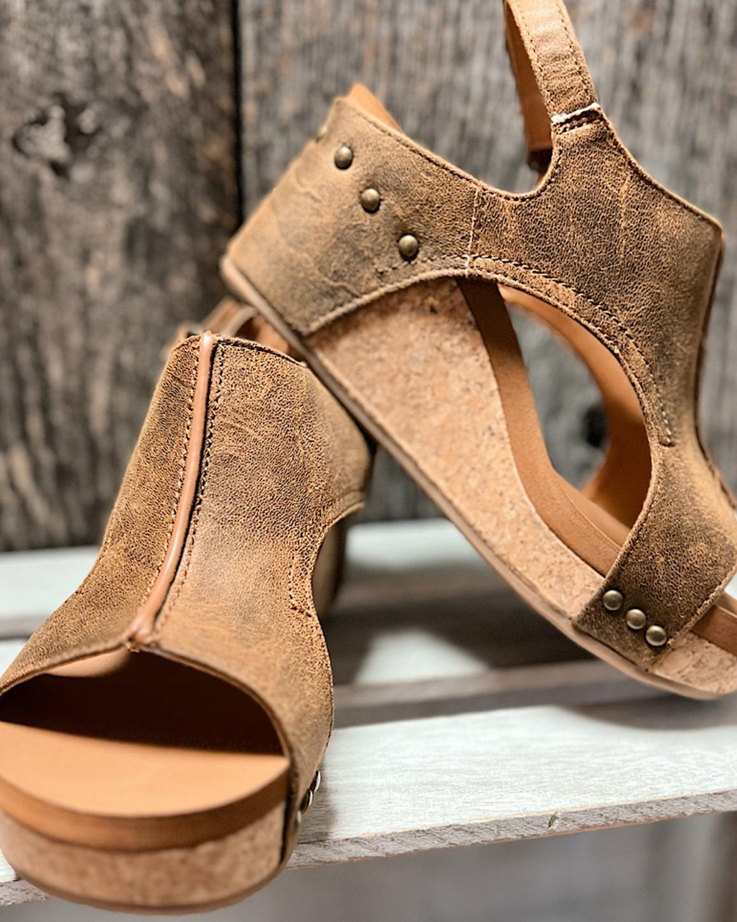 Momount Women Wedge Sandals – Distressed Leather Cork Platform Slingback