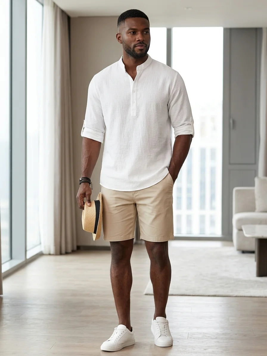 Momount Men Waffle Linen Shirt – Long Sleeve Band Collar Chest Pocket - White - lifestyle_indoor