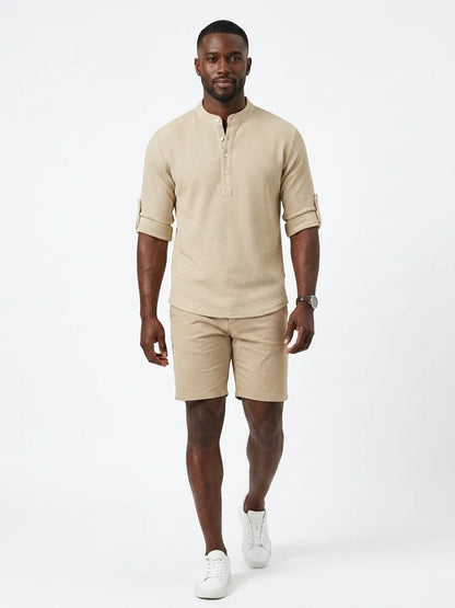 Momount Men Waffle Linen Shirt – Long Sleeve Band Collar Chest Pocket - Beige - front