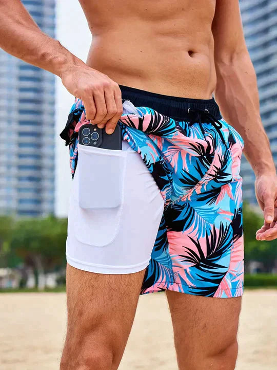 Bañadores de Hombre – Bañador Azul Marino con Estampado de Palmeras y Forro de Malla