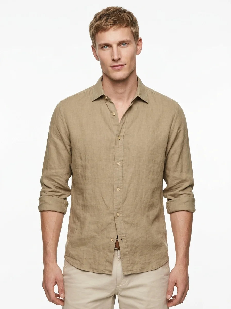 Momount Men Linen Shirt – Long Sleeve Button Up Relaxed Fit Beach - Khaki - front