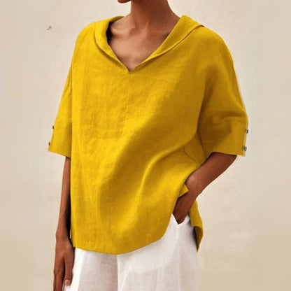 Blusa donna oversize con scollo a V, collo a revers e spacchi laterali – per outfit estivi rilassati