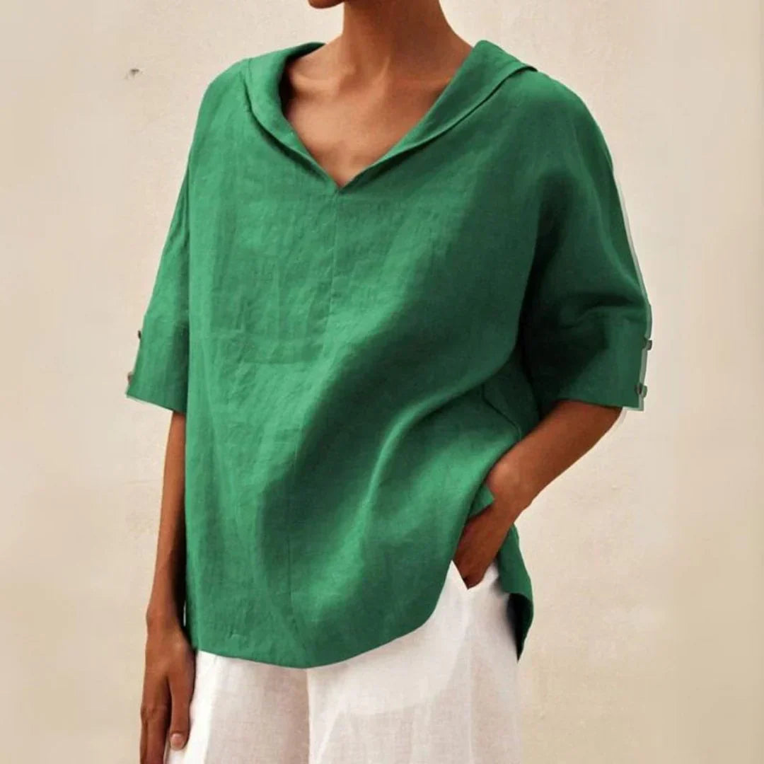 Blusa donna oversize con scollo a V, collo a revers e spacchi laterali – per outfit estivi rilassati