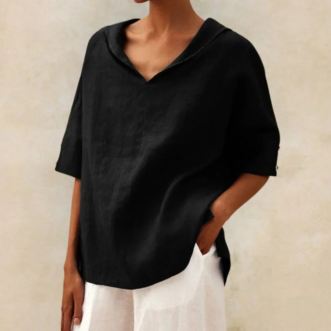 Blusa donna oversize con scollo a V, collo a revers e spacchi laterali – per outfit estivi rilassati