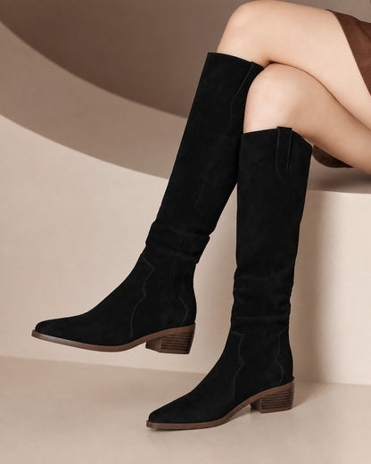 Women's black Elise suede-effect knee-high boots, lateral profile.