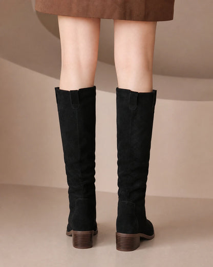 Women's black Elise suede-effect knee-high boots, rear view.