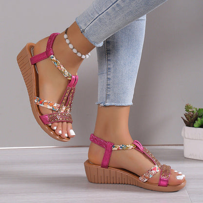 Sandalias de Cuña de Mujer – Boho Strass Trenzadas Tira en T Verano