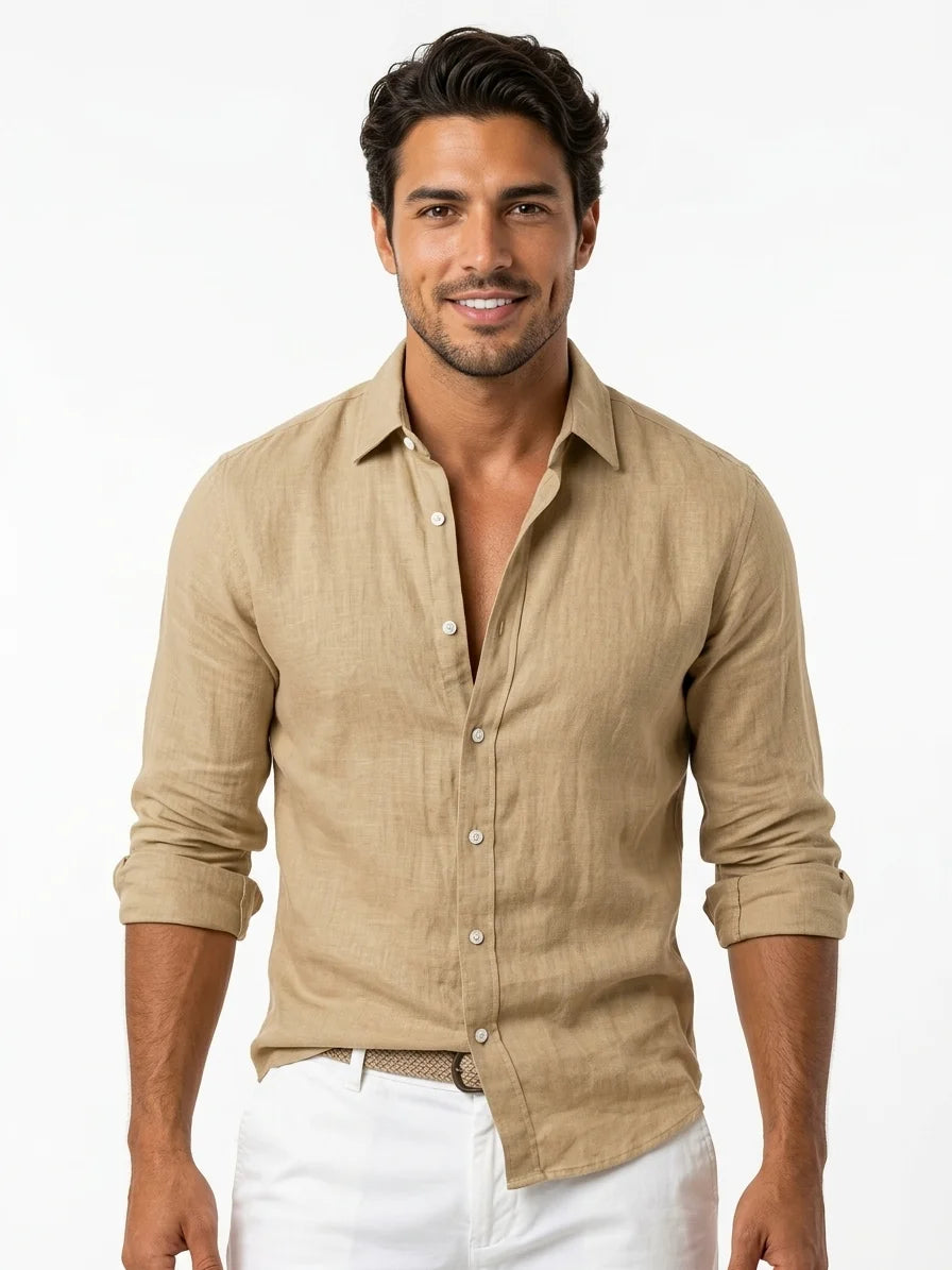Momount Men Linen Shirt – Long Sleeve Turn Down Collar Summer Casual - Khaki - front
