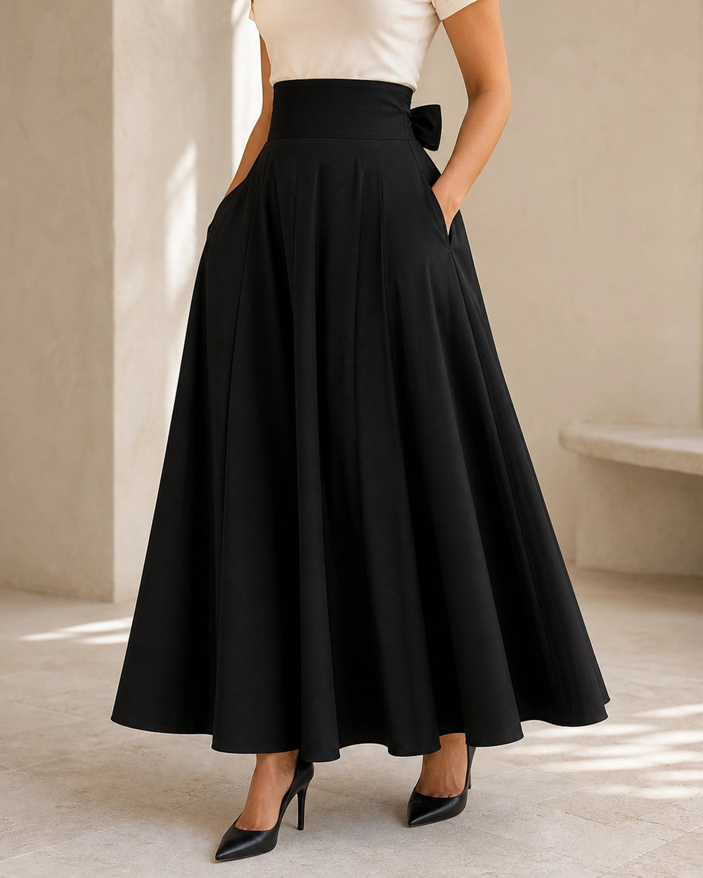Women's High-Waist Bow Midi Skirt with Pockets — image 1 — gonna-midi-elegante-ideale-per-autunno-e-primavera-black-01-product-first.webp