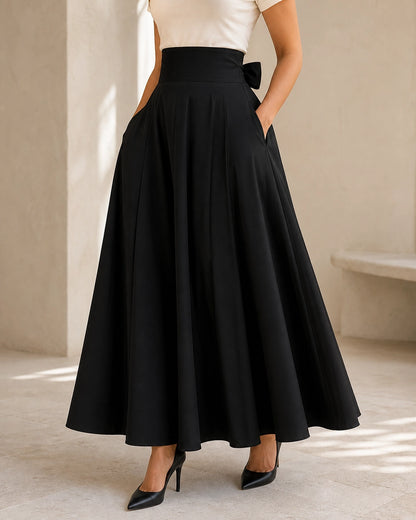 Women's High-Waist Bow Midi Skirt with Pockets — image 1 — gonna-midi-elegante-ideale-per-autunno-e-primavera-black-01-product-first.webp