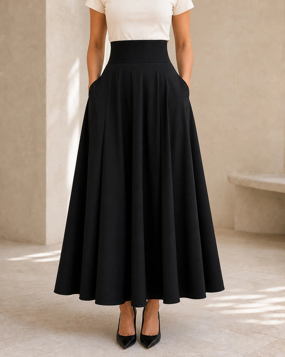 Women's High-Waist Bow Midi Skirt with Pockets — image 2 — gonna-midi-elegante-ideale-per-autunno-e-primavera-black-02-front-proof.webp