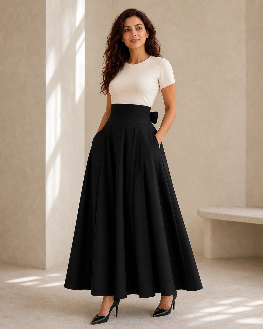 Women's High-Waist Bow Midi Skirt with Pockets — image 3 — gonna-midi-elegante-ideale-per-autunno-e-primavera-black-03-full-body.webp