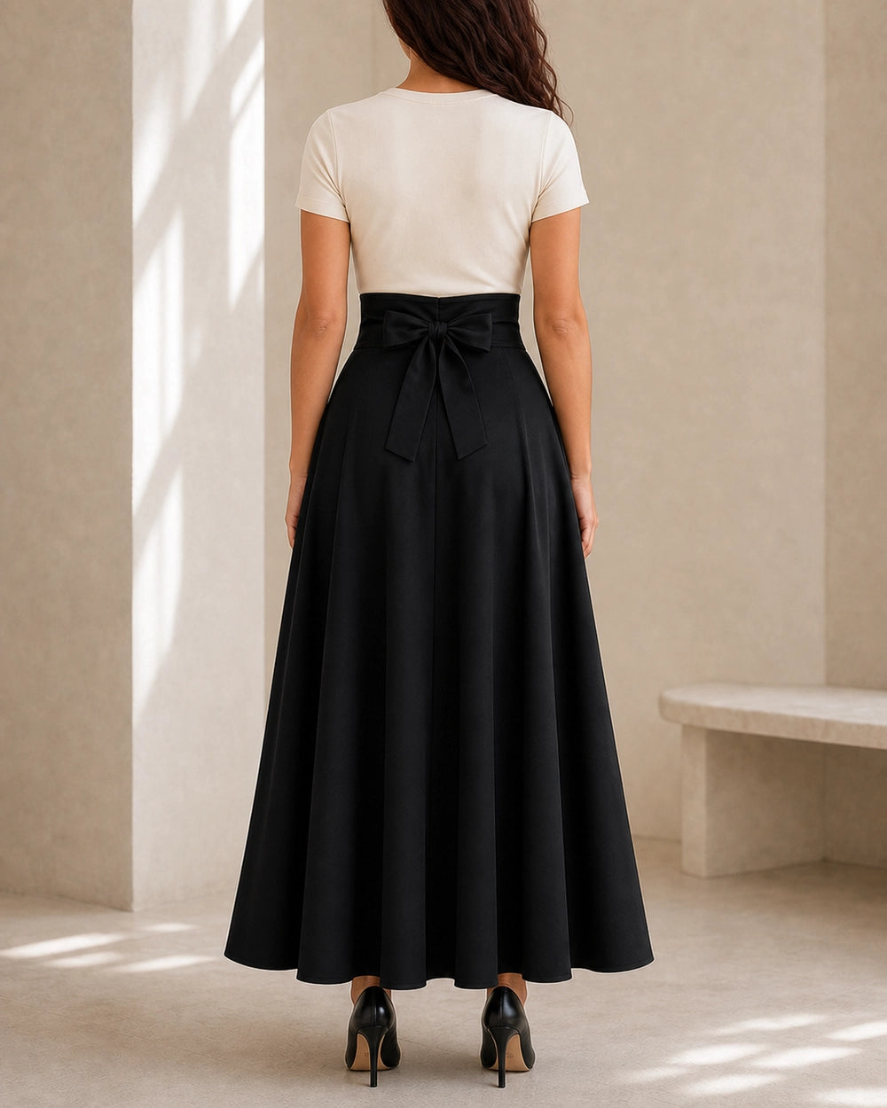 Women's High-Waist Bow Midi Skirt with Pockets — image 4 — gonna-midi-elegante-ideale-per-autunno-e-primavera-black-04-back-bow.webp