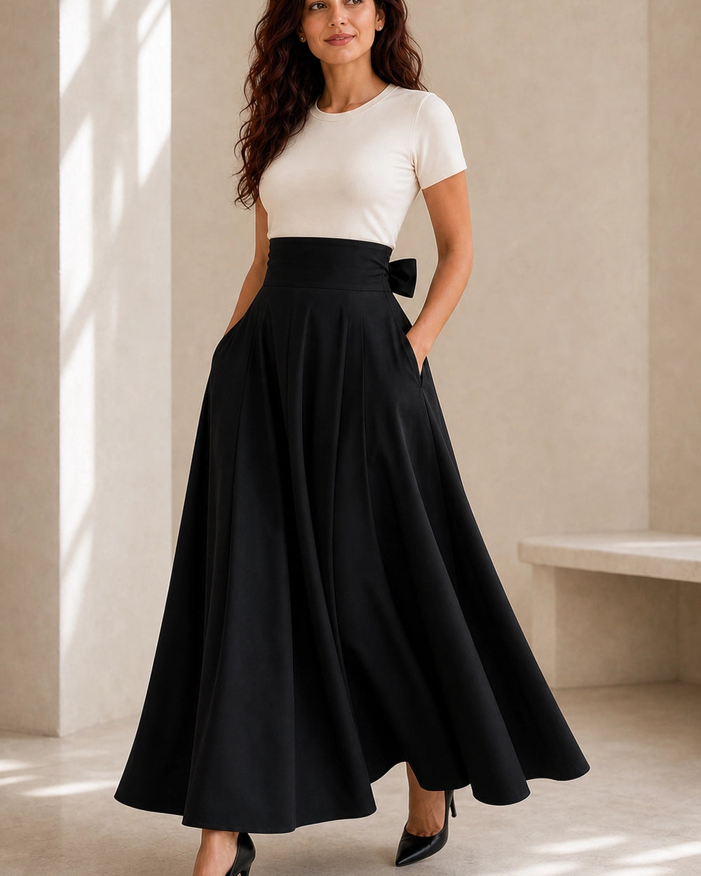 Women's High-Waist Bow Midi Skirt with Pockets — image 6 — gonna-midi-elegante-ideale-per-autunno-e-primavera-black-06-movement.webp