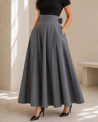 Women's High-Waist Bow Midi Skirt with Pockets — image 9 — gonna-midi-elegante-ideale-per-autunno-e-primavera-grey-09-variant.webp