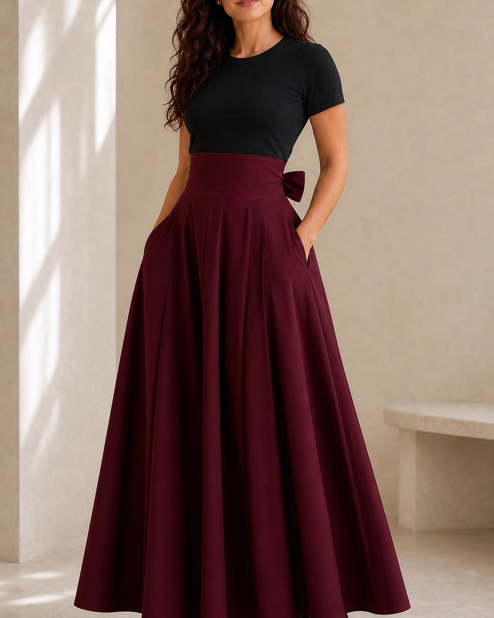 Women's High-Waist Bow Midi Skirt with Pockets — image 10 — gonna-midi-elegante-ideale-per-autunno-e-primavera-red-10-variant.webp