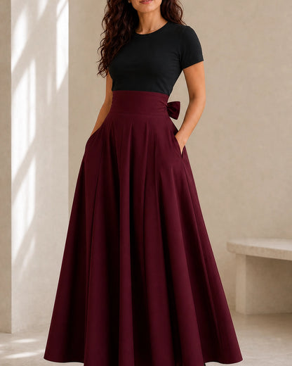 Women's High-Waist Bow Midi Skirt with Pockets — image 10 — gonna-midi-elegante-ideale-per-autunno-e-primavera-red-10-variant.webp