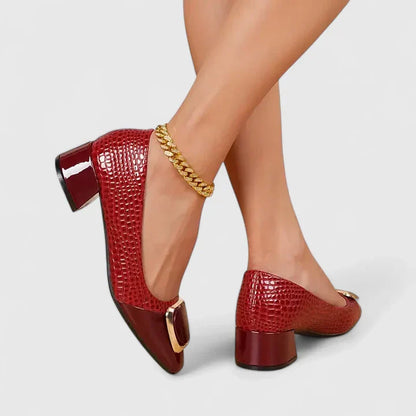 Ophelia | Gold Chain Crocodile Block Heel Loafers