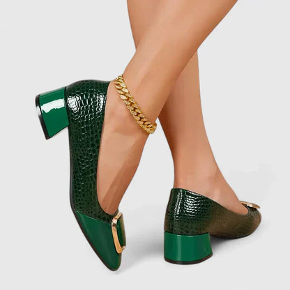 Ophelia | Gold Chain Crocodile Block Heel Loafers
