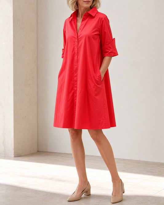 Momount Women’s Shirt Midi Dress Loose Fit Summer Dress — Red — front three-quarter hero — larissa-red-01-hero.webp