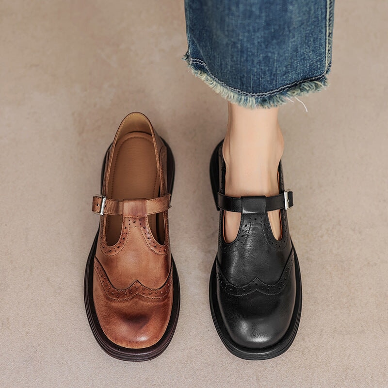 Calista | Zapatos Mary Jane Oxford Vintage en Marrón con Plataforma