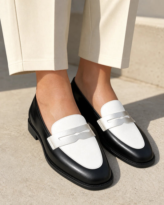 Women's Black and White Loafers with Silver Strap — product image 1