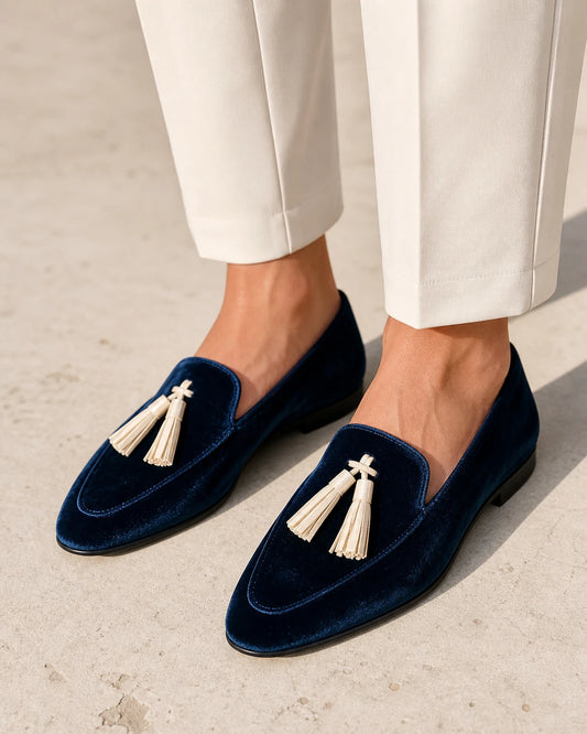 Women's Navy Velvet-Texture Tassel Loafers — product image 1