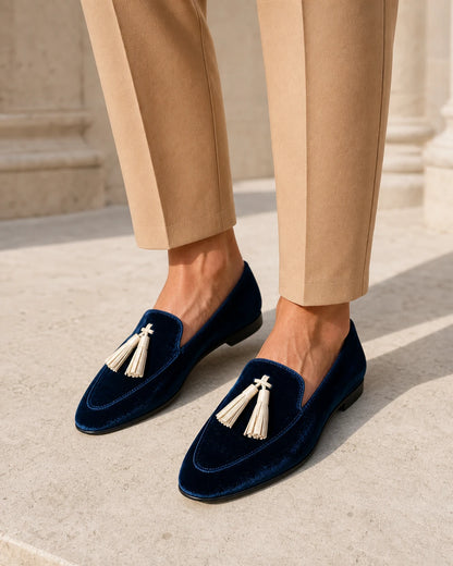 Women's Navy Velvet-Texture Tassel Loafers — product image 2