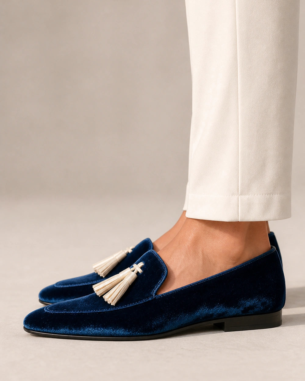 Women's Navy Velvet-Texture Tassel Loafers — product image 3