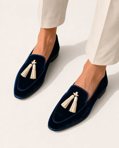 Women's Navy Velvet-Texture Tassel Loafers — product image 4
