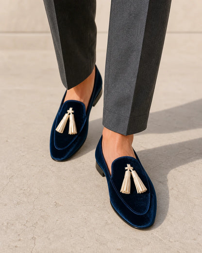 Women's Navy Velvet-Texture Tassel Loafers — product image 6