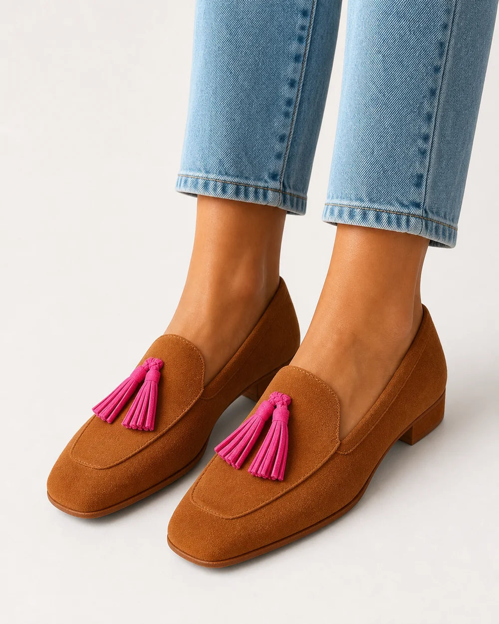 Mocassini donna cognac con nappine rosa — immagine del prodotto 1