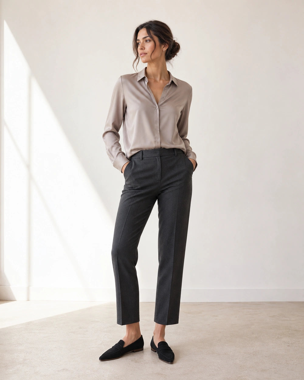 Women's Pointed-Toe Penny Loafers — worn by a model
