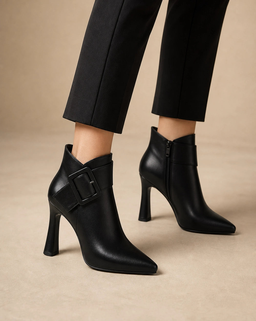 Women's pointed-toe buckle ankle boots, black gallery view. — momount-clara-black-buckle-boots-01.webp